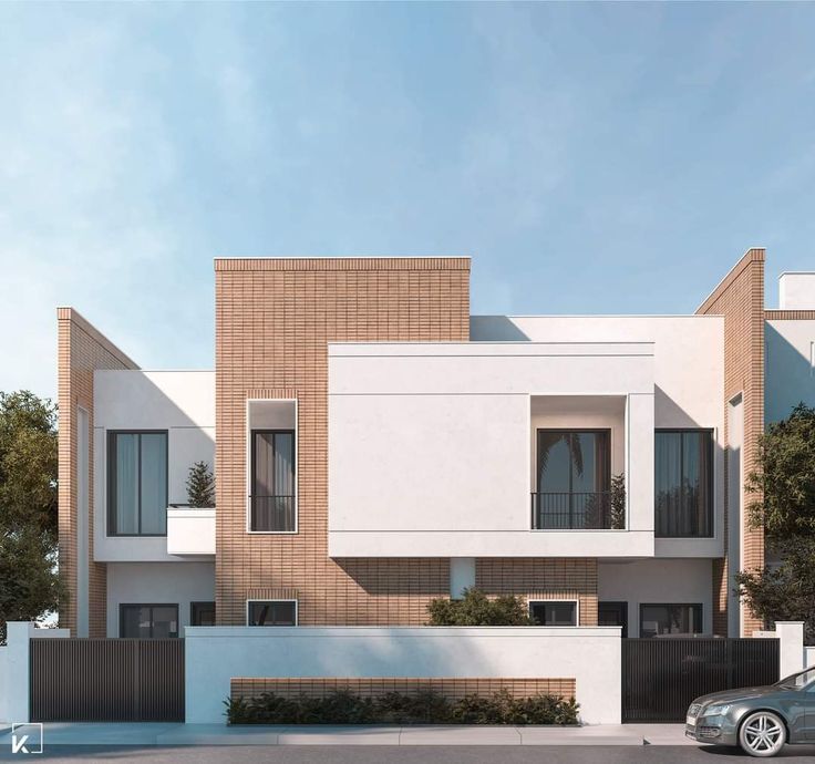 an artist's rendering of a modern house with two cars parked on the street