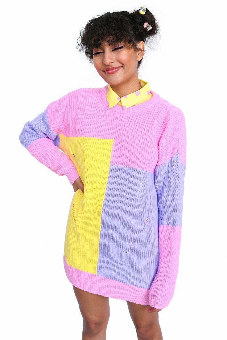 Multicolor Color Block Sweater For Layering, Colorful Color Block Sweater For Spring, Colorful Color Block Crew Neck Sweater, Playful Color Block Winter Tops, Playful Color Block Tops For Winter, Spring Color Block Acrylic Sweater, Retro Color Block Winter Sweater, Retro Color Block Sweater For Winter, Multicolor Knit Sweater With Contrast Color