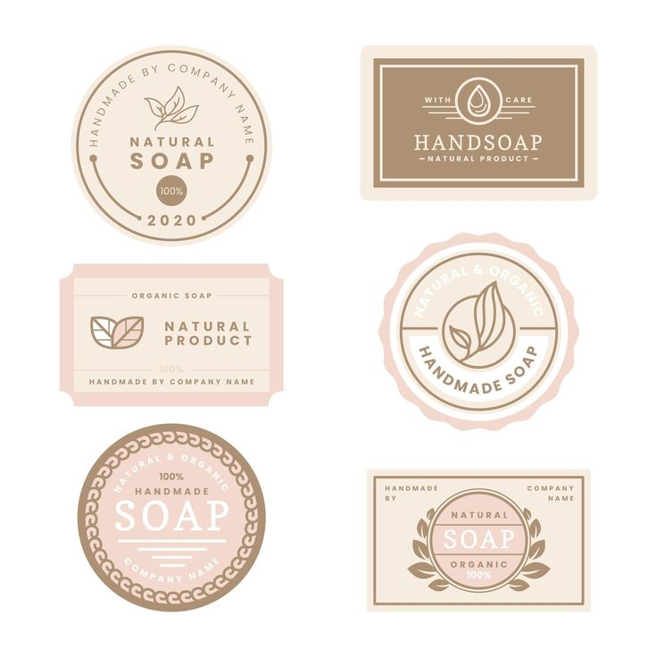 various soap labels and stickers on a white background