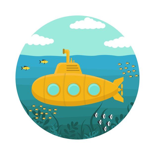 a yellow submarine floating in the ocean surrounded by fish