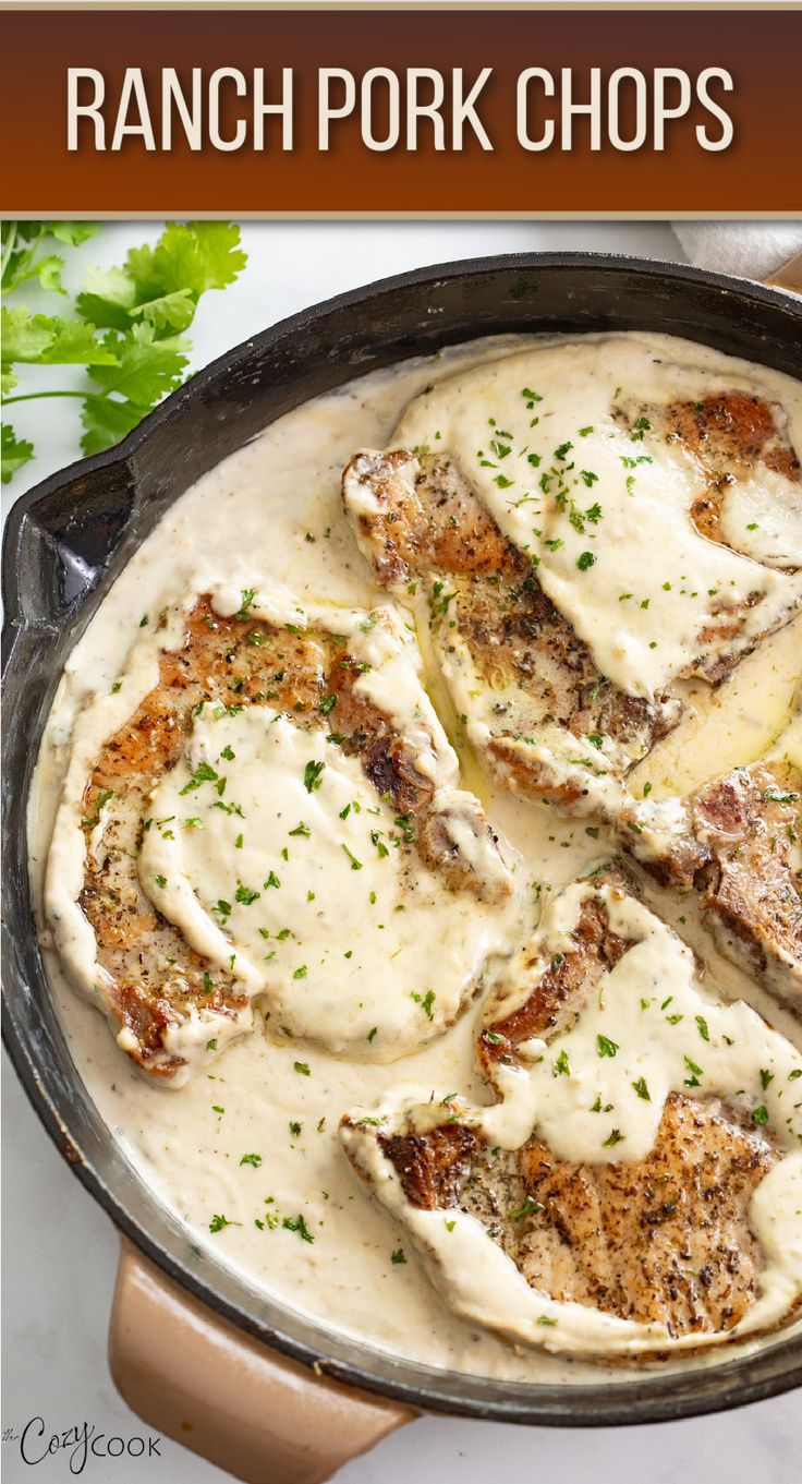 pork chops in a skillet with ranch sauce Dump And Go Crockpot Dinners, Creamy Ranch Sauce, Dump And Go Crockpot, Dinner Pork, Cozy Cook, Pork Crockpot Recipes, Ranch Sauce, Ranch Pork Chops, Easy Pork Chops