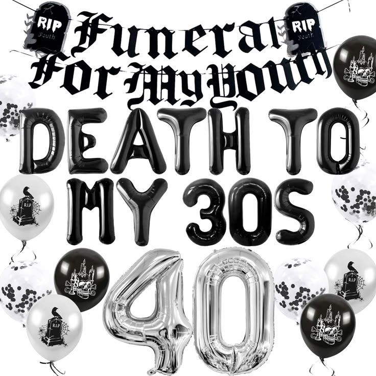 PRICES MAY VARY. Our Death To My 30s Birthday Decoration will bring dreamy and beautiful embellishment to your party. Through simple assembly, and hanging the it to complete a most gorgeous Til Death Do Us Party background wall. Our Goth 40 Birthday Decoration will bring unparalleled joy and the most beautiful moments to your family and friends. Perfect gift to the most cherished one, feel the most unforgettable party and enjoy this moving moment together. What you will receive: 1 x 30 inch Numb 40th Birthday Halloween Theme, Halloween Themed 40th Birthday Party, Rip 40s Birthday Party, 40th Birthday Halloween, October Baby Birthday, Goth Birthday Party, 30s Birthday, Emo Party, 40th Birthday Balloons