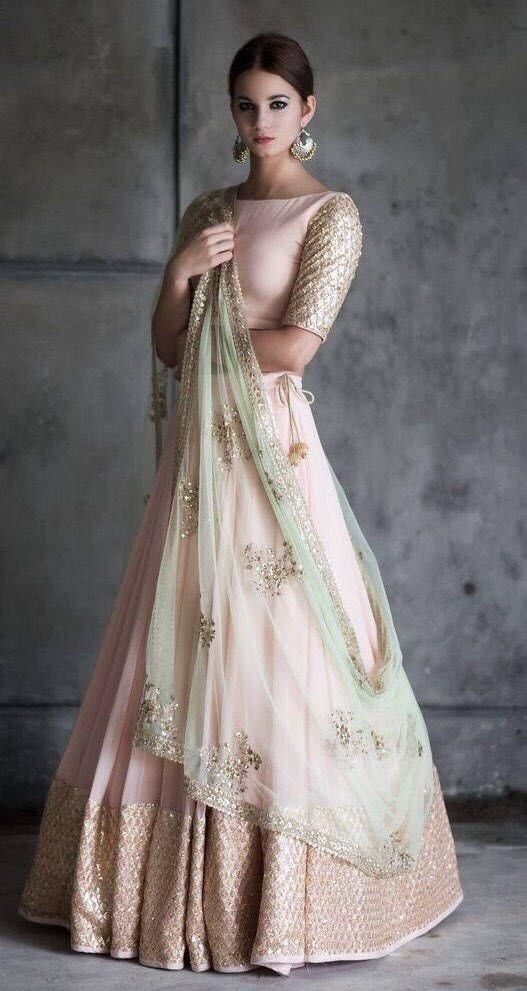 Roka outfit inspiration | Outfit by Prathyusha Garimella | Image via Behance | Bride to be | Indian bridal fashion | Pastel pink lehenga in georgette with sequin work paired with mint dupatta | Bridal couture | Indian bridal fashion | Pastel outfits | Bridesmaids | Tulle skirt and blouse | #wittyvows #indianwedding #trousseau #bridetobe #indianbride #fashion #indianwear #love #bride #bridal #pastel #tulle #skirt #blouse #bridesmaid Indian Bridesmaids Outfits, Peach Wedding Dress, Orang India, Indian Bridesmaids, Chique Outfit, Gaun Fashion, Salwar Kamiz, Designer Baby, Indian Lehenga