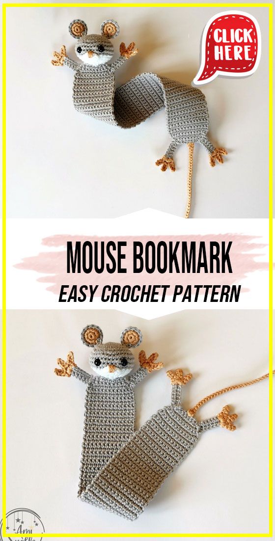 a crocheted mouse bookmark is shown in two different sizes