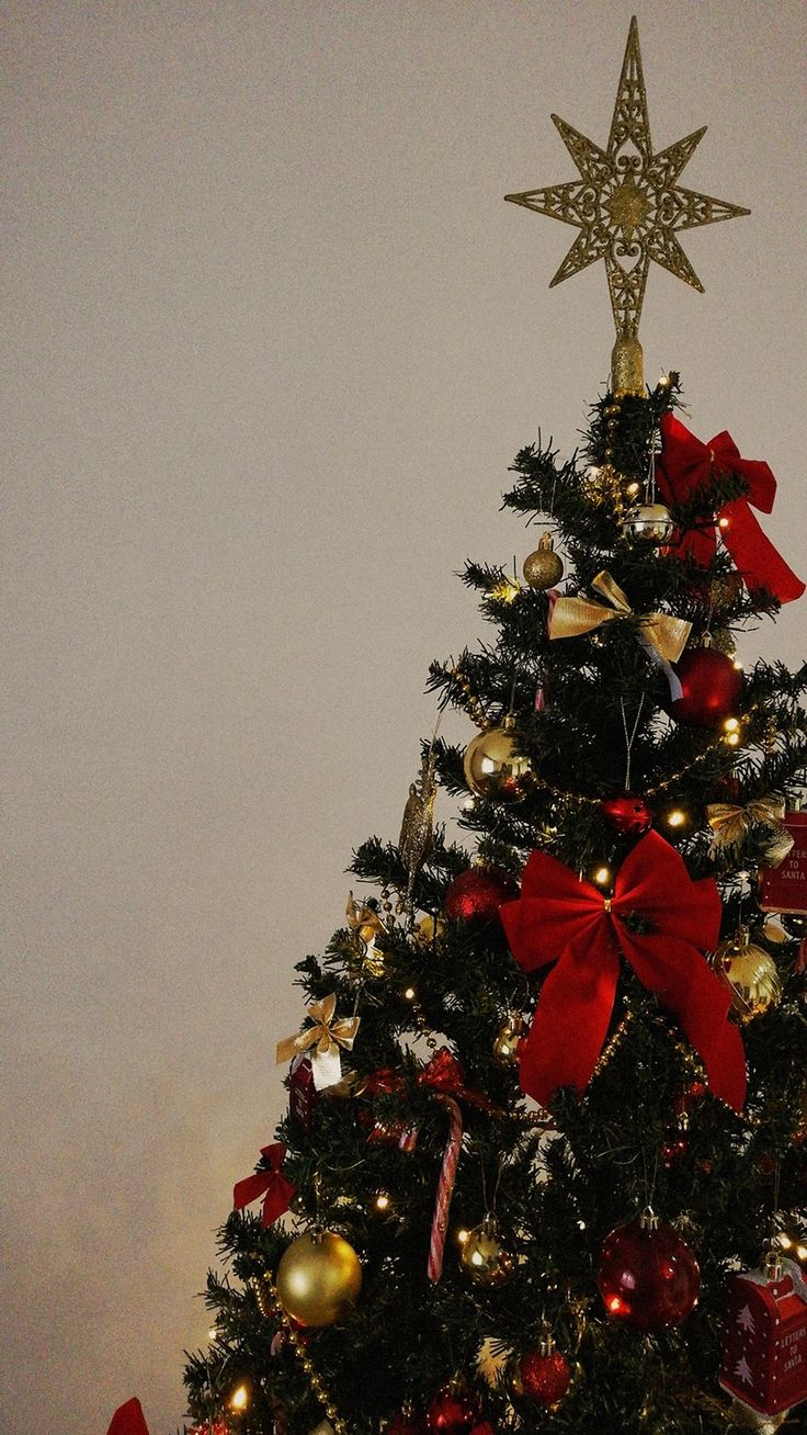 a decorated christmas tree with red and gold ornaments