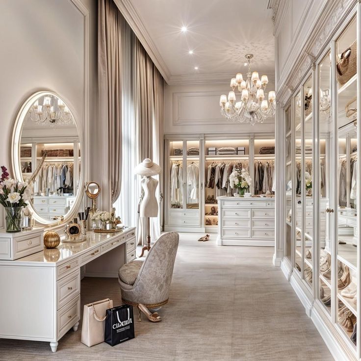 an elegant dressing room with chandeliers and mirrors