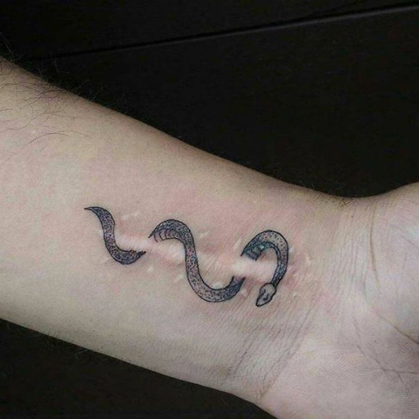 a person with a tattoo on their arm that has a snake in the middle of it