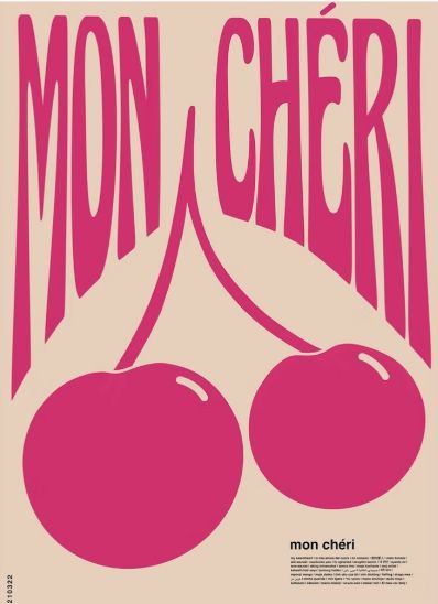 a poster with cherries on it that says mon cher, in pink and white