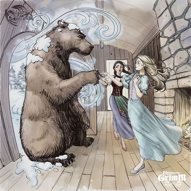 a drawing of a woman and a bear in a room with water coming out of the fireplace