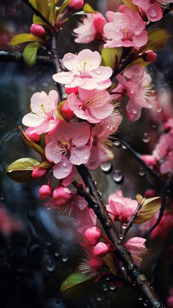 pink flowers are blooming on a tree branch in the rain, with drops of water