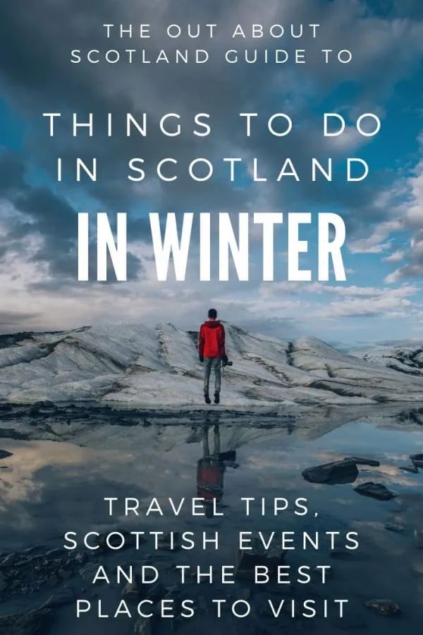 a person standing on top of a snow covered hill with the words things to do in scotland in winter