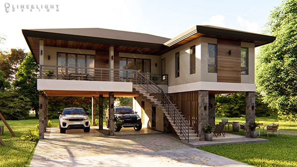 two cars are parked in front of a house that has stairs to the second floor