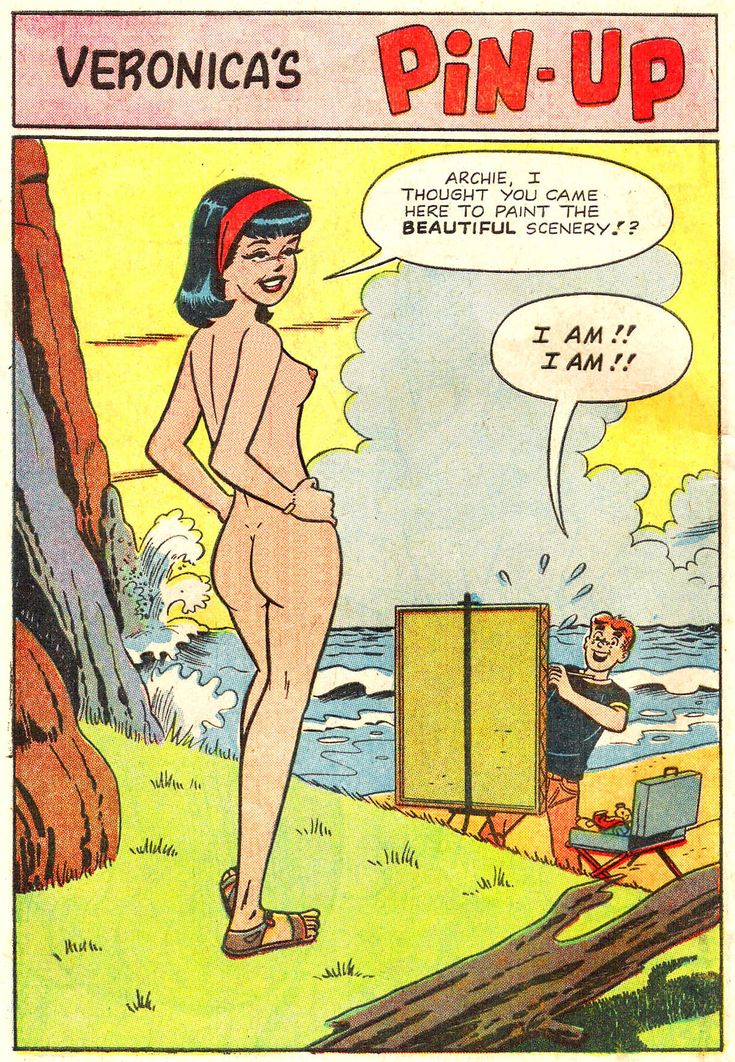 an old comic strip with a pin - up girl on the beach and a man standing next to it