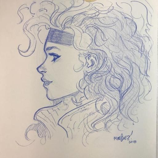 a drawing of a woman's head with curly hair and a bandanna on her head