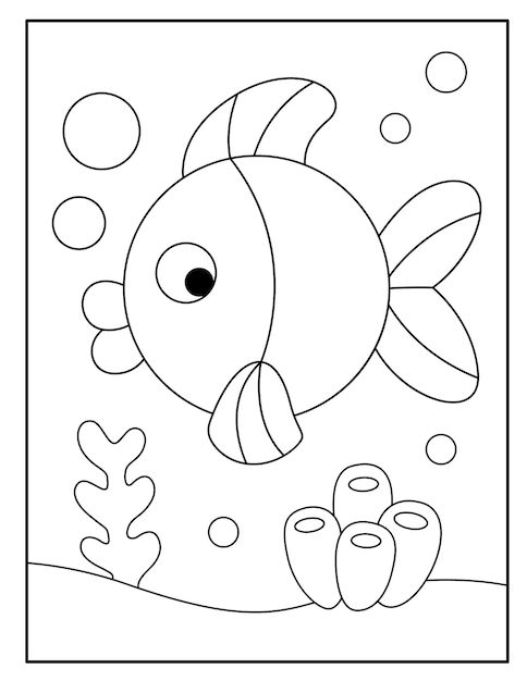 a coloring page with an image of a fish in the water and some algaes