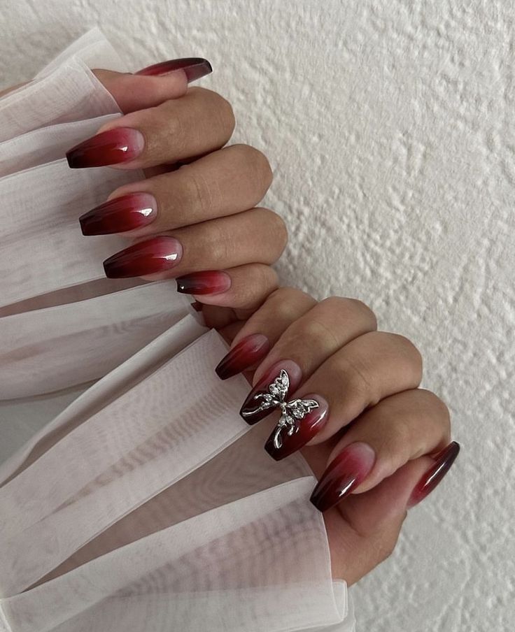 Light Red Nails Design, Cherry Red Ombre Nails, Ombre Wine Nails, Dark Red Jelly Nails Korean, Ombre Dark Red Nails, Dark Feminine Energy Nails, Cherry Ombre Nails, Gradient Red Nails, Dark Feminine Nail Ideas