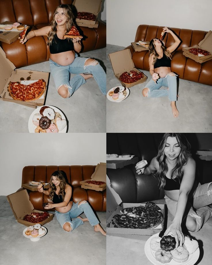 a woman eating pizza while sitting on the floor in front of a couch with other photos