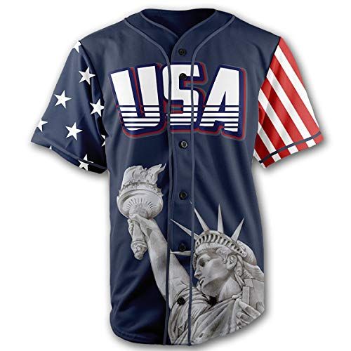 a baseball jersey with the statue of liberty on it and an american flag in the background