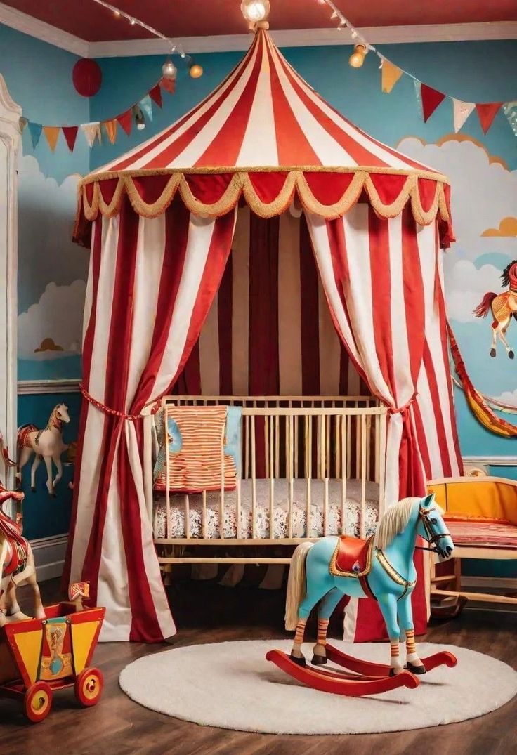 a child's bedroom decorated in circus theme