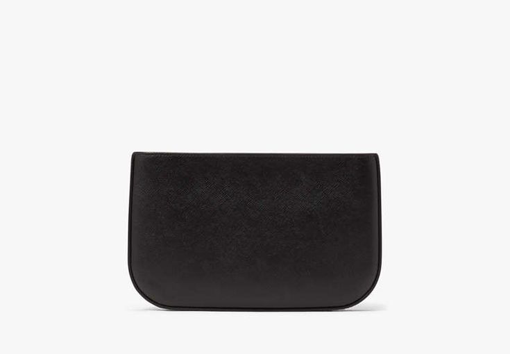 It’s true this petite accessory has the perfect space for money and cards. But feel free to throw in your lipstick and chocolate stash as well. | Kate Spade Madison Lilly Pochette, Black Kate Spade Outlet, Premium Outlets, Logo Line, Script Logo, Off Black, Outlet, Kate Spade, Feel Free, Money