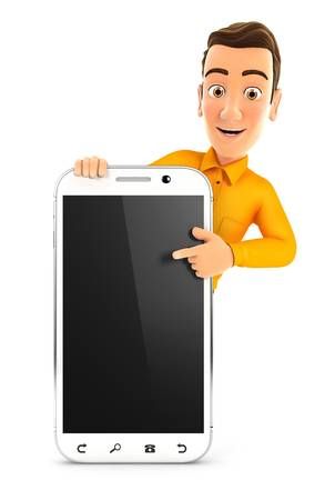 a cartoon man holding up a smart phone