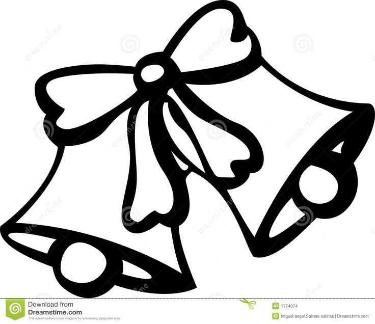 a black and white drawing of a bell with a bow on it's side