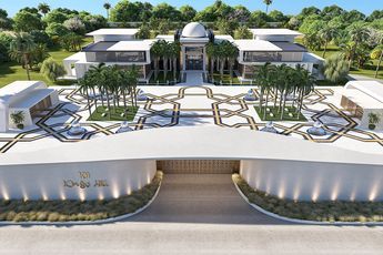 an artist's rendering of the entrance to a resort with palm trees in the background