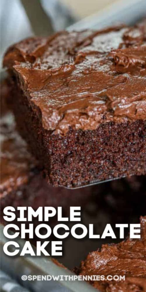 a close up of a piece of cake with chocolate frosting on it and the words, simple chocolate cake