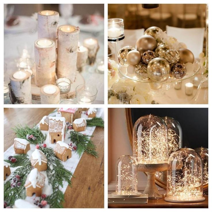 there are many different pictures with candles and decorations on the table, including gingerbread houses