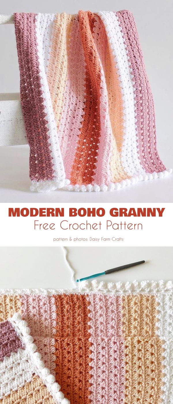 a crocheted blanket is shown with the words modern boho granny written on it