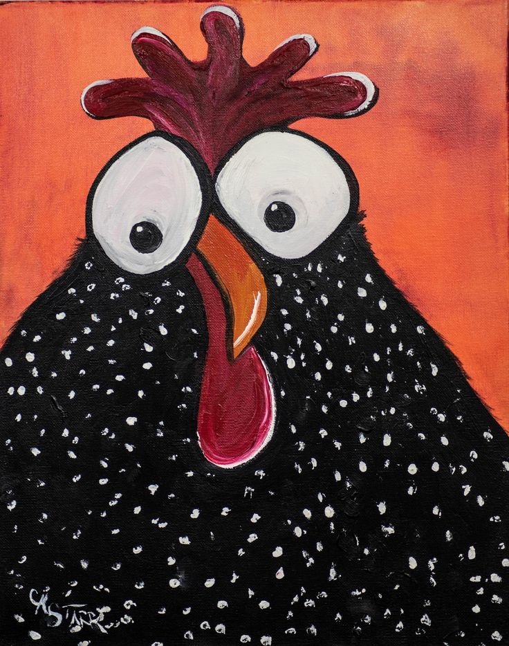 an acrylic painting of a black chicken with white dots on it's face