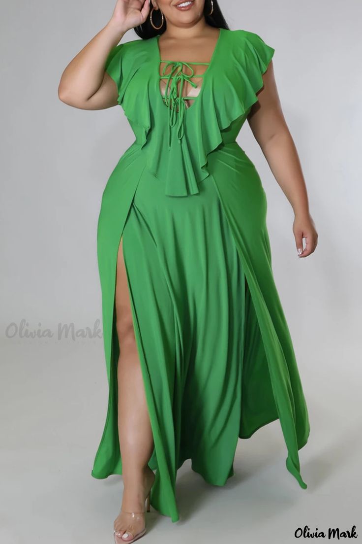 Olivia Mark - Voguish Pink Plus Size V-Neck Long Dress with Chic Slits and Enchanting Hollow Out Detail Vestido Plus Size, Split Maxi Dress, Plus Size Maxi, Maxi Dress Green, Plus Size Maxi Dresses, Summer Maxi Dress, Plus Size Dress, Green Fashion, Pink Fashion