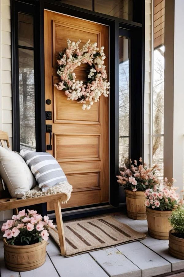 the front door is decorated with pink flowers and wreaths on it's porch