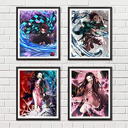 four anime posters hanging on a wall next to a brick wall with the same artwork