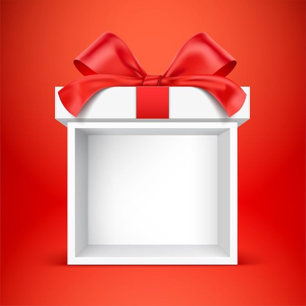 a white box with a red bow and ribbon on the top is shown in front of a red background