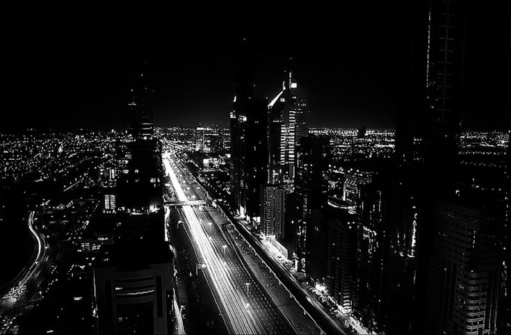 black and white photograph of city at night