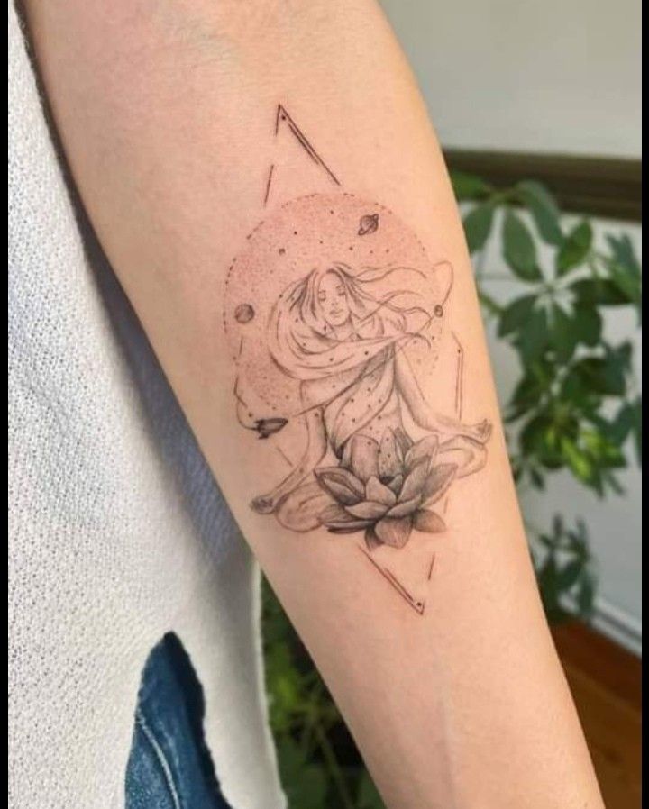 Lotus Meditation Tattoo, Small Mother Nature Tattoo, Lotus Yoga Tattoo, Lotus Woman Tattoo, Divine Feminine Aesthetic Tattoo, Live In The Now Tattoo, Spiritual Tattoo Sleeve Women, Meditation Tattoos For Women, Meditate Tattoo