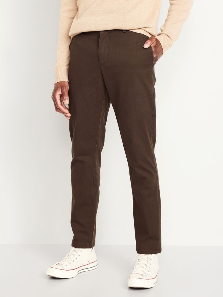 contoured waistband button closure belt loops zip fly hip pockets back welt pockets with button closure at left slim thigh and leg hits below ankle model is approx.  6'1" and wears size 32w x 32lmachine wash according to the care instruction label Brown Pants Men, Navy Pants Men, Holiday Gifts For Men, Pants Brown, Old Navy Men, Brown Pants, Twill Pants, Chino Pants, Old Navy Pants