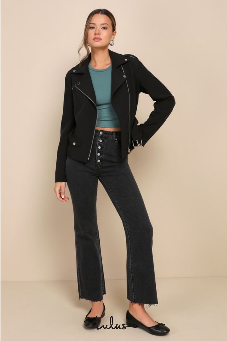 Get ready to turn some heads, 'cause it's impossible not to be impressed by the Lulus Edgy Arrival Black Belted Moto Jacket! Slightly stretchy woven fabric shapes this impossibly cool jacket that has a collared neckline with snap button hardware. Bodice boasts an offset front zipper for the classic moto silhouette, with an angled zip pocket, hidden side seam pocket, and decorative flap pocket. Belt loops and a removable belt complete the look. Silver hardware throughout. Fit: This garment fits t Side Seam Pocket, Lulu Fashion, Pocket Belt, Cool Jackets, Moto Jacket, Cup Size, Black Belt, Silver Hardware, Flap Pocket