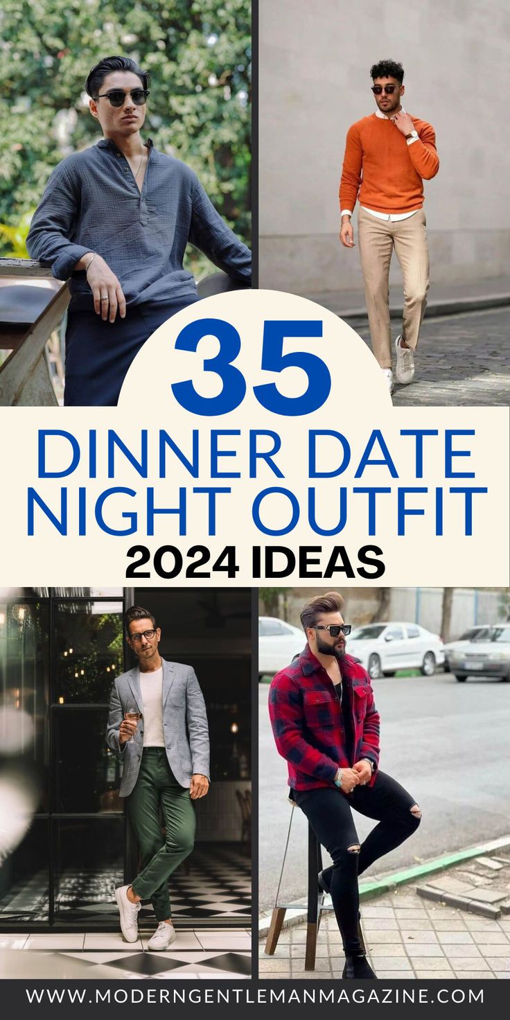 Explore 35 elegant dinner date night outfit ideas. Find inspiration for your next romantic evening with these stylish and sophisticated looks. From classic dresses to smart casual ensembles, these outfits are perfect for a memorable dinner date. #dinnerdateoutfit #dinnerdateoutfits #dinnerdatingoutfit #datenightattire #romanticoutfits Mens Date Night Outfit Casual, Dinner Outfit Men Night, Men Dinner Outfit Night, Mens Dinner Outfit, Smart Casual Dinner Outfit, Night Out Outfit Men, Mens Date Night Outfit, Bar Night Outfit, Men Date Night Outfit