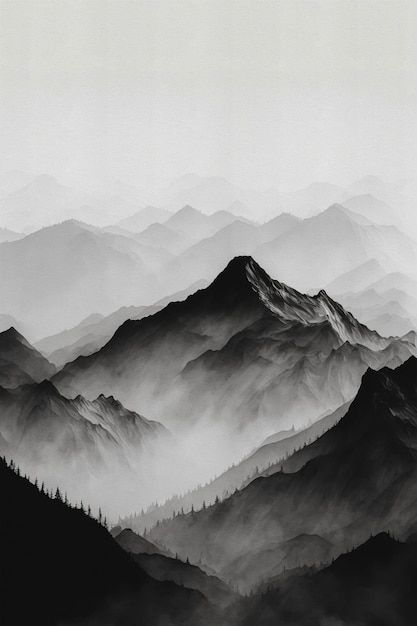 black and white photograph of mountains with fog