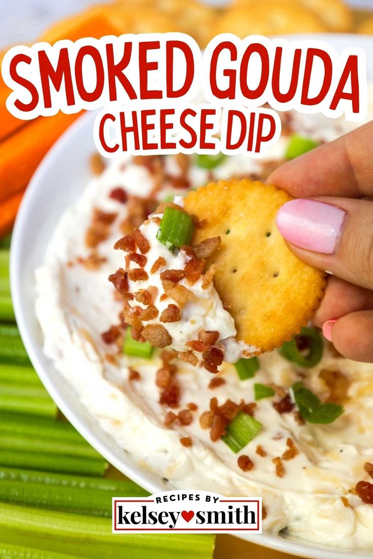 smoked gouda dip topped with bacon bits and green onions served with carrots celery and crackers Gouda Dip Recipe, Celery Boats, Gouda Cheese Dip, Gouda Dip, Gouda Recipe, Cold Dip, Dairy Recipes, Crock Pot Dips, Smoked Gouda Cheese