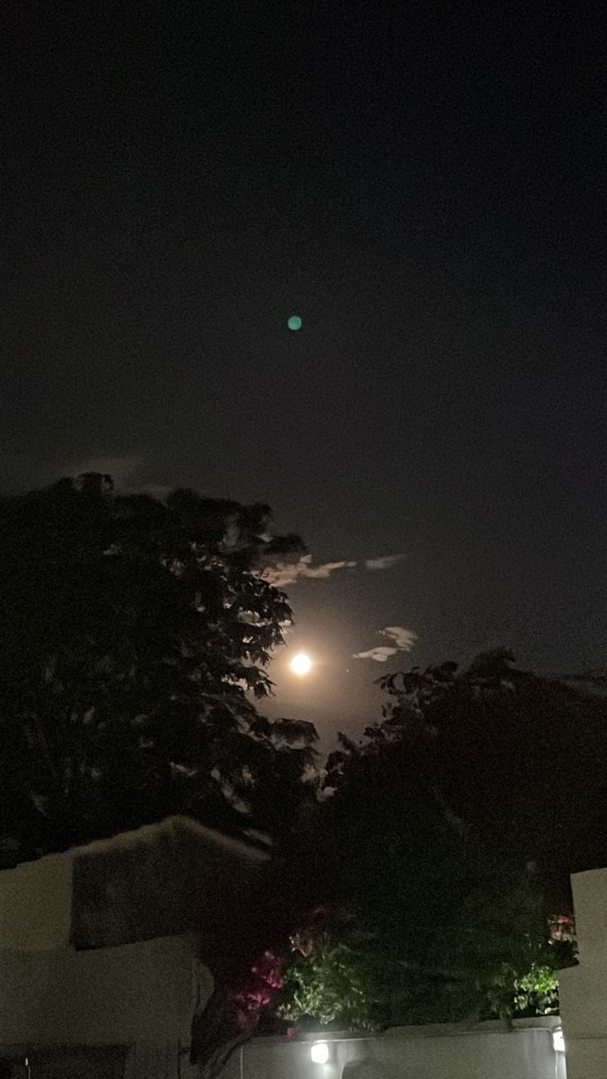 the full moon is seen in the night sky over some houses and trees with lights on them