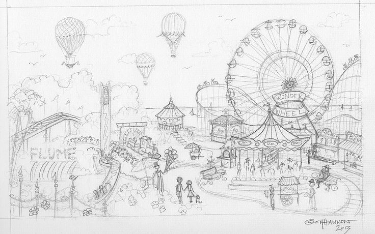 a drawing of an amusement park with ferris wheel and hot air balloons in the sky