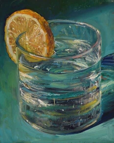 an oil painting of a glass filled with water and orange wedged in to it