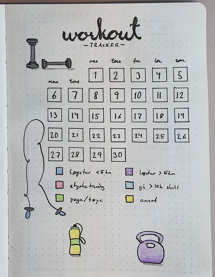 a notebook with a workout tracker on the front and back pages, filled with exercise related items