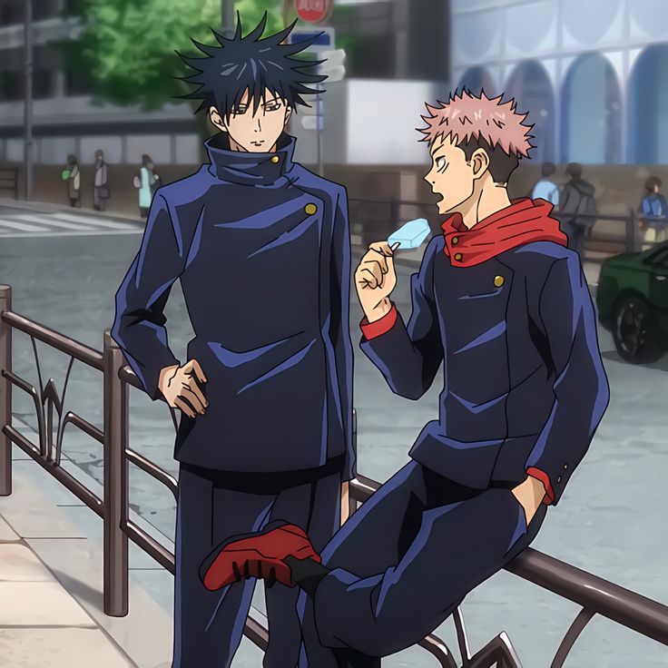 two anime characters standing next to each other on a sidewalk near a fence and trees