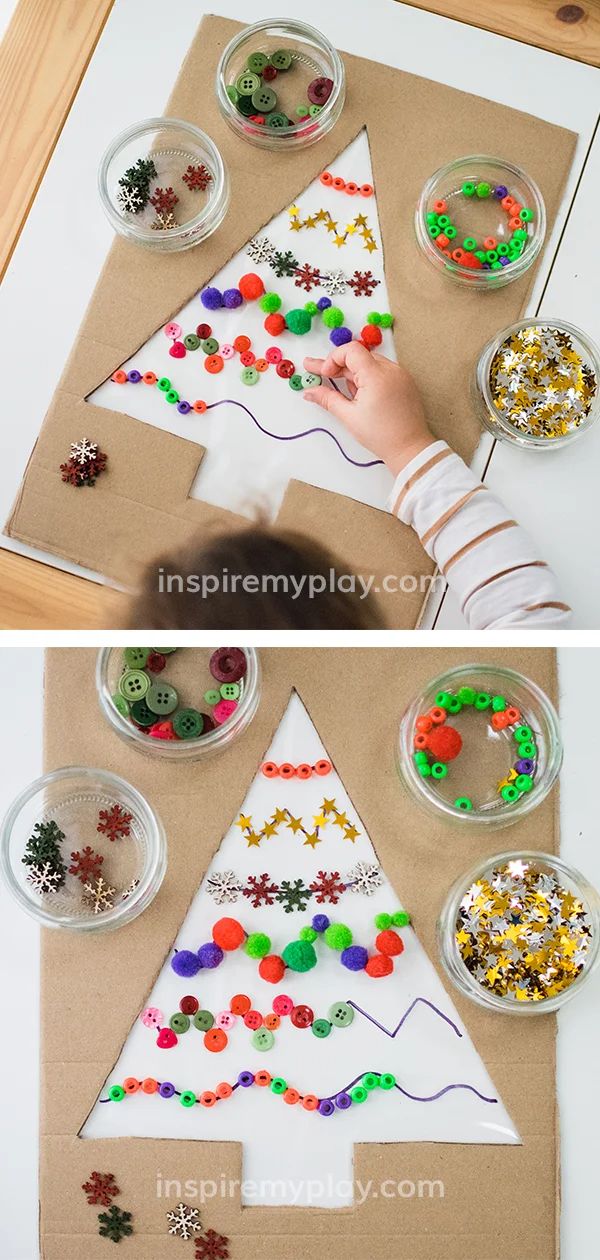 a cardboard christmas tree made out of buttons and beads is shown in two different ways