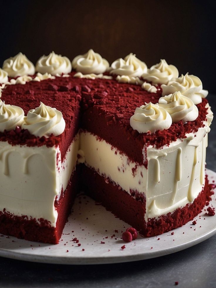 a red velvet cake with white frosting on a plate