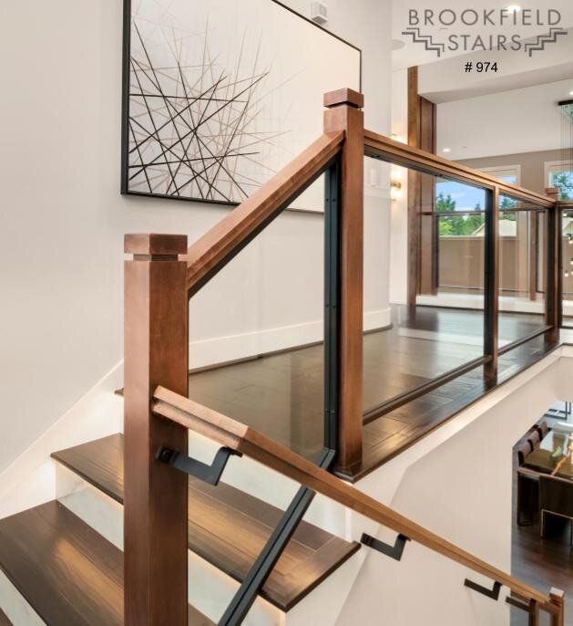 Glass Railing Indoor, Glass Wooden Railing, Wood Staircase With Glass Railing, Wooden Glass Railings For Stairs, Stair Railing Design Glass And Wood, Glass Railing With Wooden Handrail, Wood Stairs Glass Railing, Glass Staircase Railing, Wood Railings For Stairs